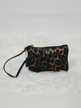 Coach Leopard Print Wristlet Zip Pouch Brown Teal Small Bag